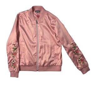 Joseph A Women's Retro Pink Floral Embroidered Long Sleeve Bomber Jacket Small‎